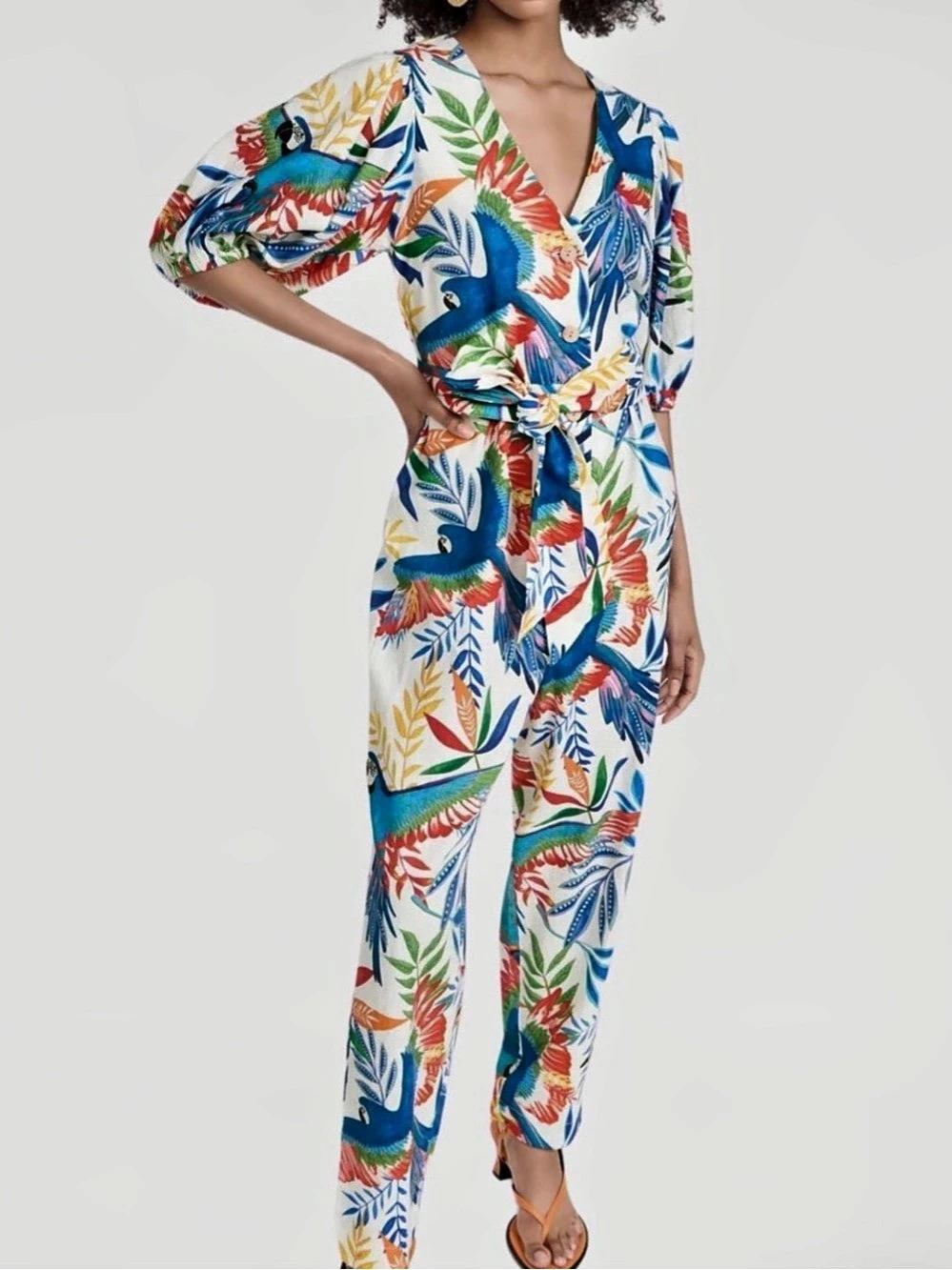 Farm Rio Macaw Forest Jumpsuit Floral White & Blue